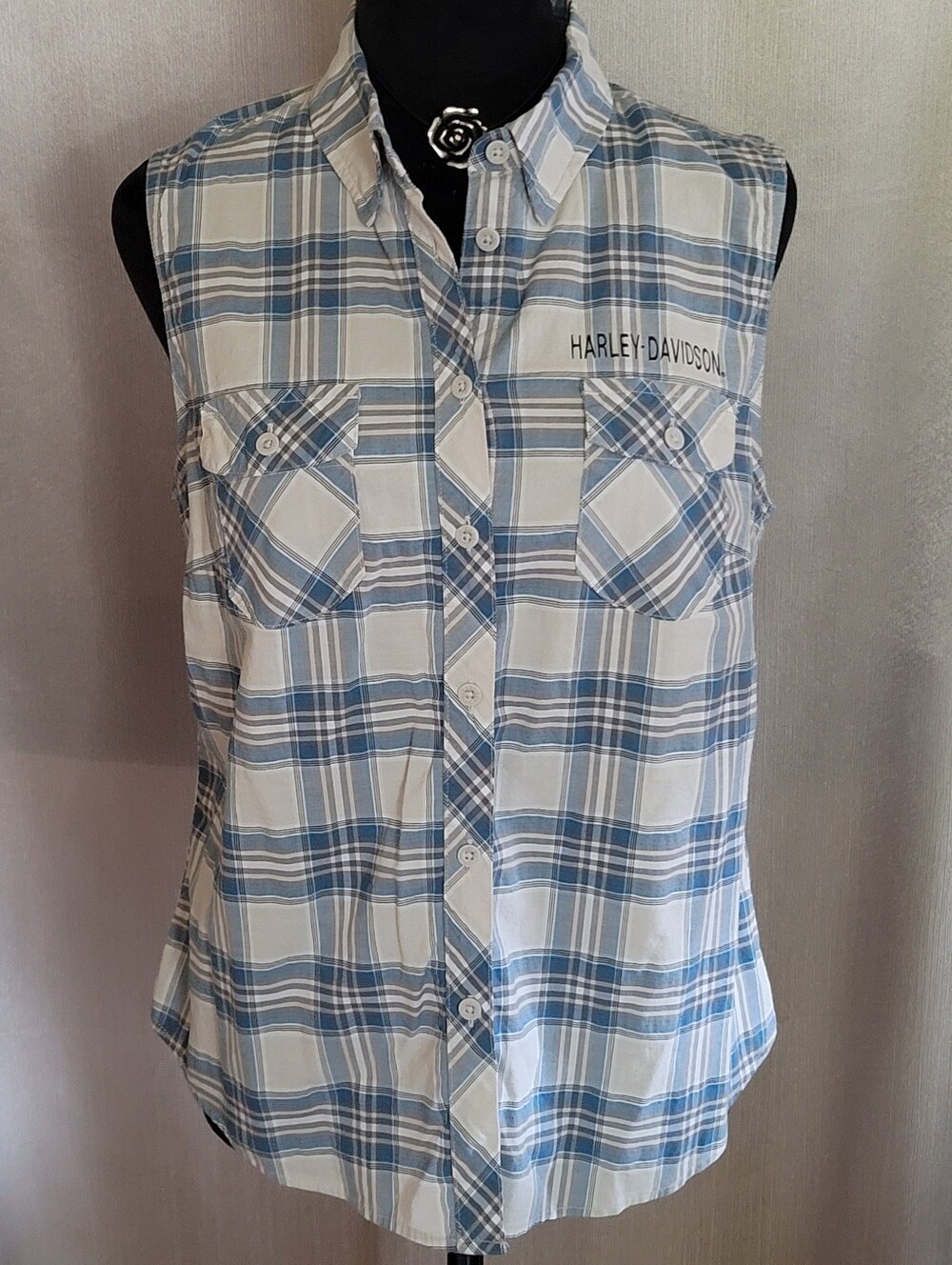Harley-Davidson Light Blue and White Plaid Sleeveless Button-Down